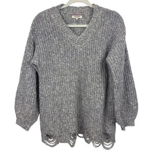Andree by Unit Women Size Distressed Hem V-Neck Chunky Knit Sweater Gray
